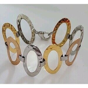 Stainless Stately Steel Tri Color Silver Gold Rose 6" Hammered Oval Bracelet